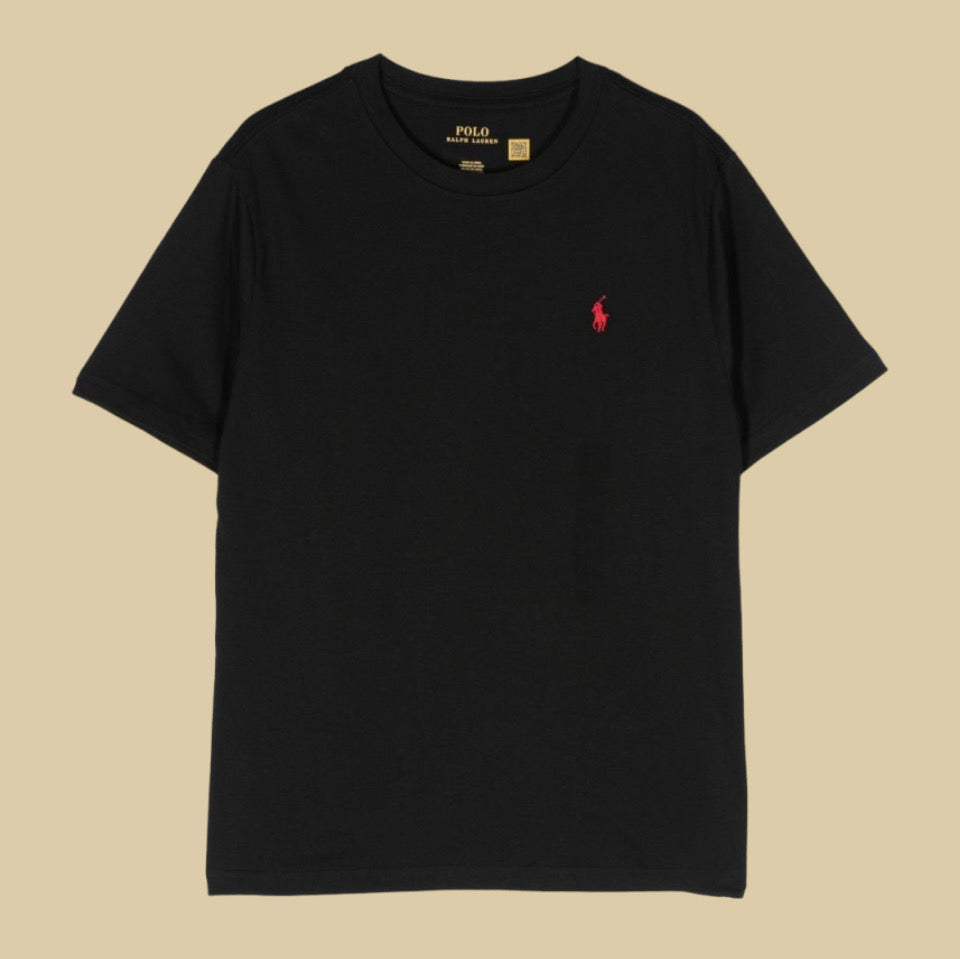  Ralph lauren Black t-shirt with a red logo on a beige background
