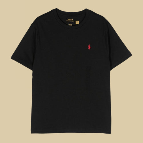  Ralph lauren Black t-shirt with a red logo on a beige background