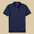 Ralph lauren Navy blue polo shirt with a red logo on a beige background