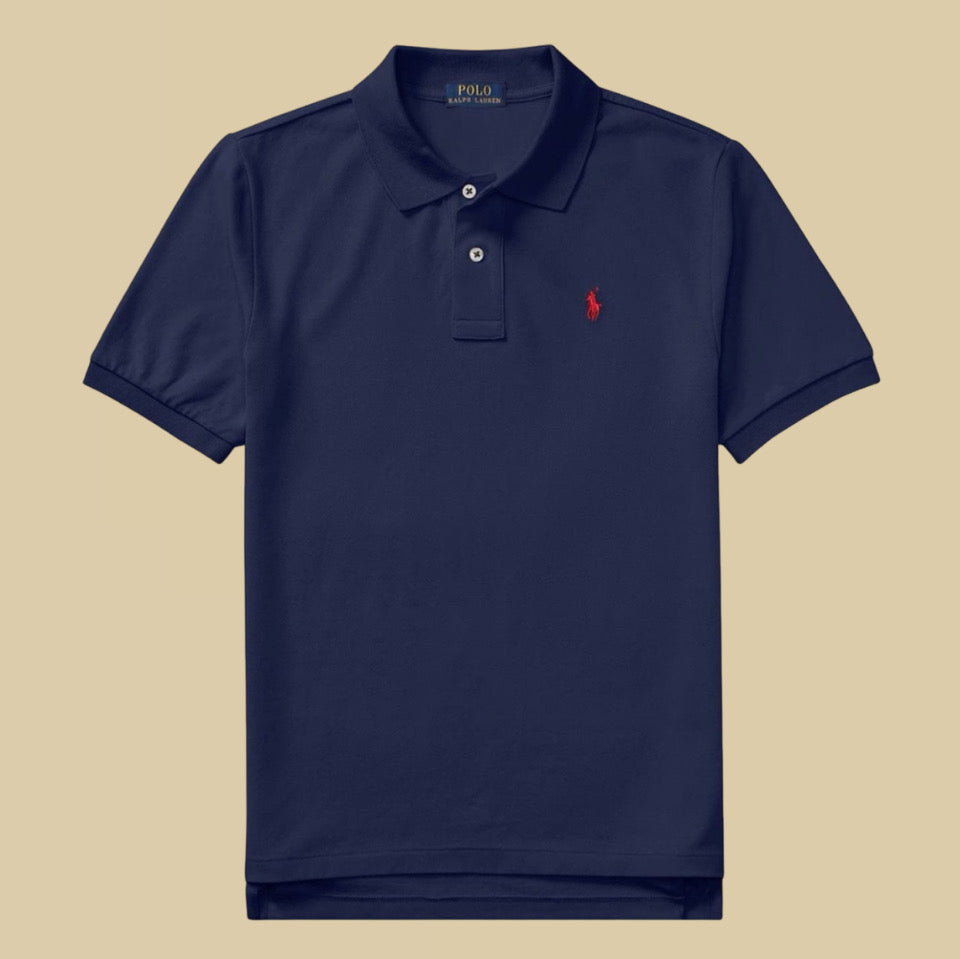 Ralph lauren Navy blue polo shirt with a red logo on a beige background