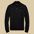 Ralph lauren Black cable knit sweater with a red logo on a beige background