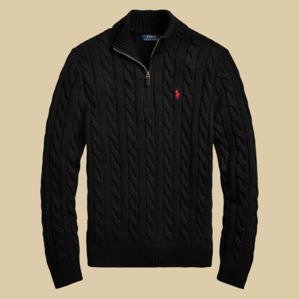 Ralph lauren Black cable knit sweater with a red logo on a beige background